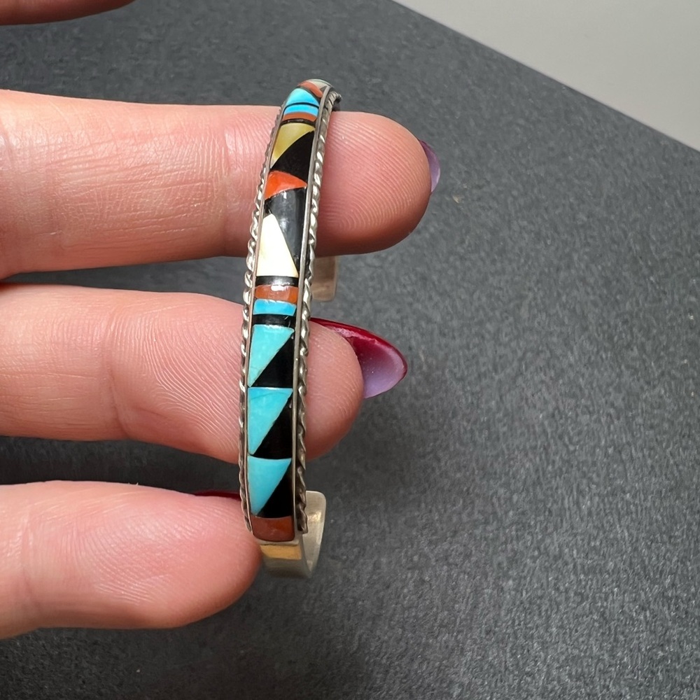 J.R.B Zuni Sterling Silver Colorful Inlay Thin Cuff Bracelet